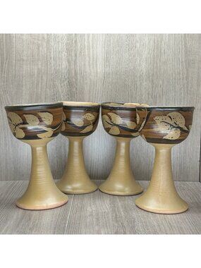 VTG Pacific Stoneware Handcrafted Pottery Art Wine Goblets Stone Cups Pack of 4